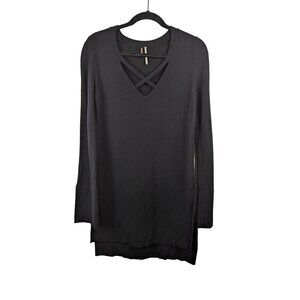 Free People Womens Size M Criss Cross Black High Low Tunic Sweater
